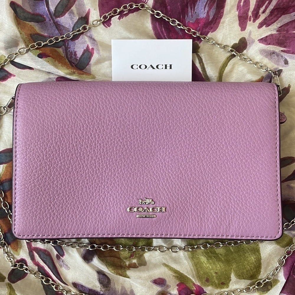 Brand New Coach Genuine Leather Foldover Clutch Crossbody Chain Purse Purple - Picture 2 of 16